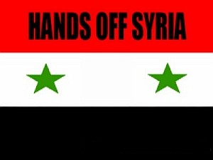 Syrien: Das ist KEINE Revolution! -- Syrische Fahne mit Aufschrift "Hands off Syria" Das gilt auch für das Wadi Barada